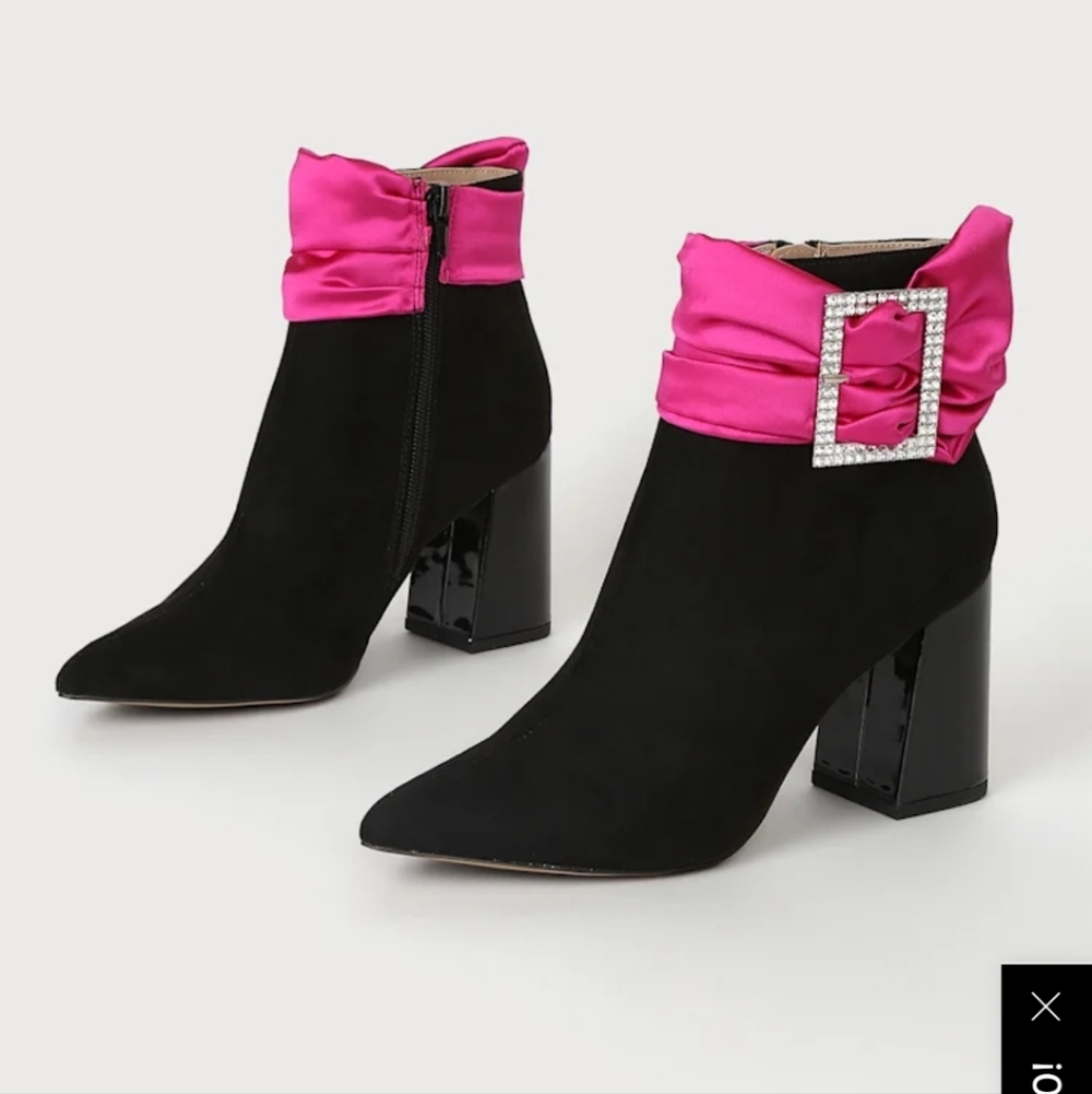Black Suede Ankle Boots with Hot Pink Satin Cuff
